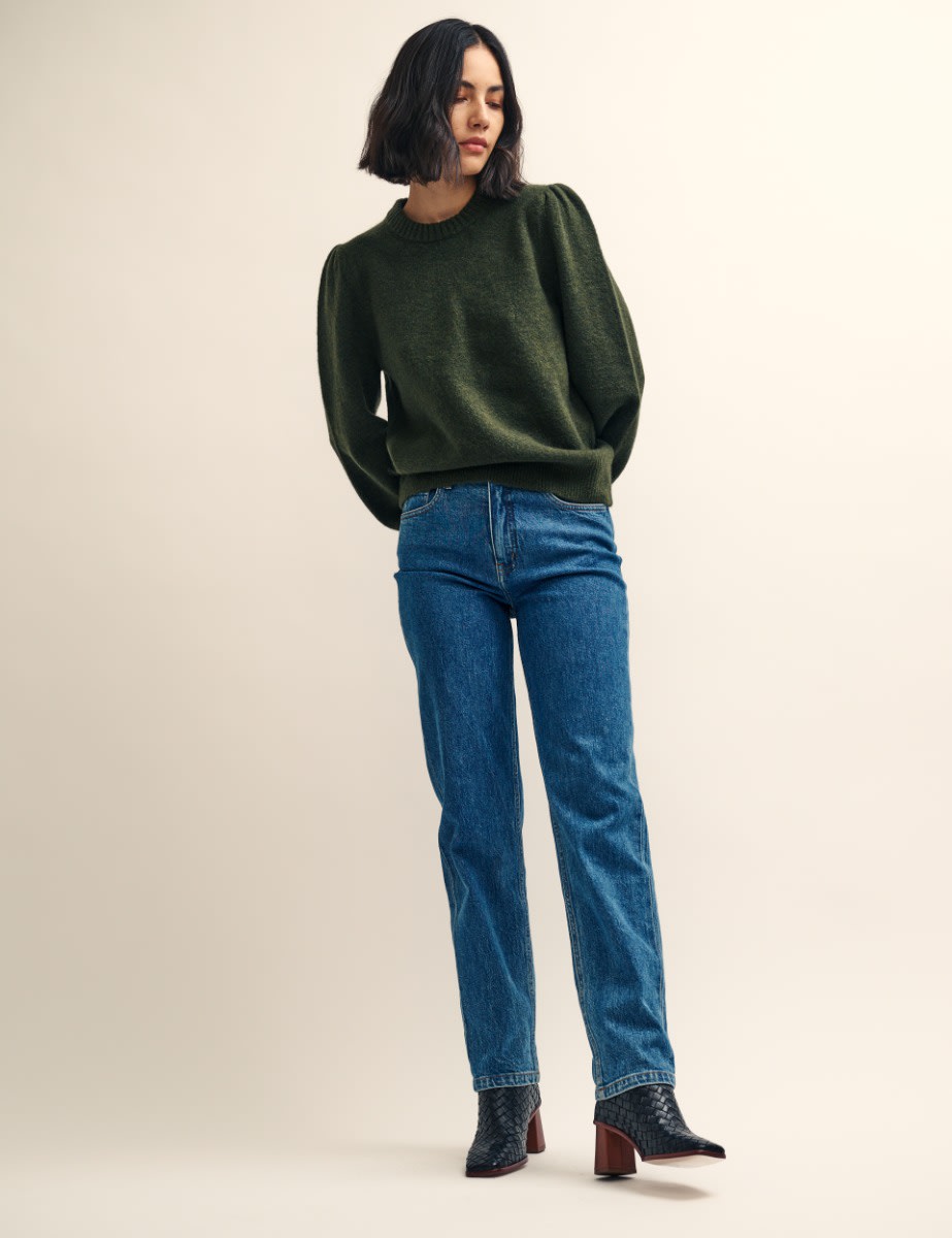 Khaki Green Chunky Trim Crew Neck Knitted Jumper