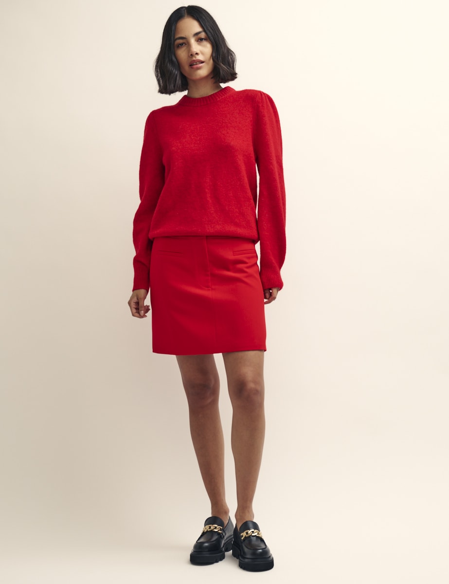 Red Chunky Trim Crew Neck Knitted Jumper