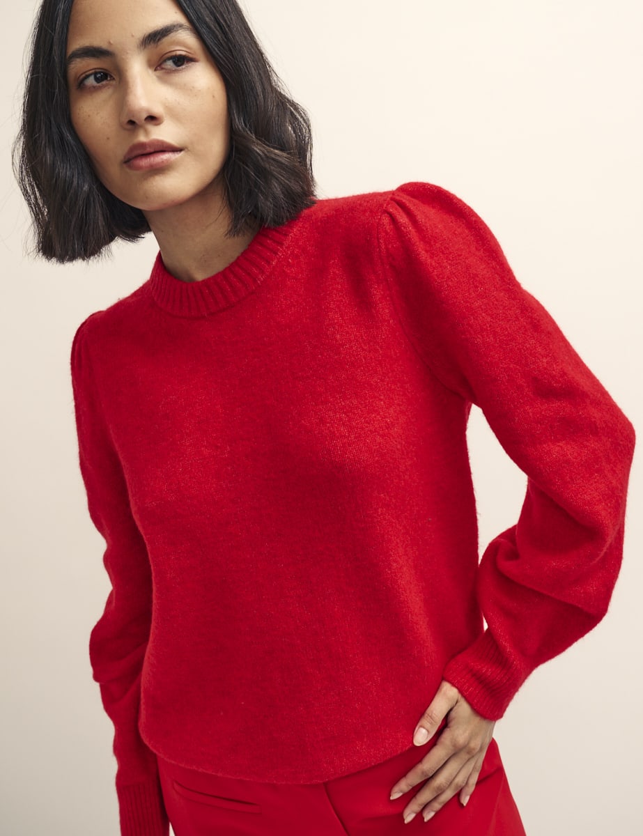 Red Chunky Trim Crew Neck Knitted Jumper