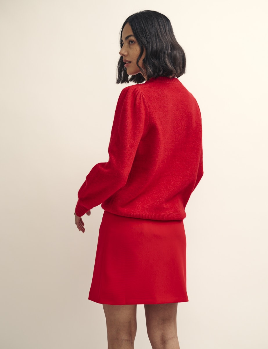 Red Chunky Trim Crew Neck Knitted Jumper