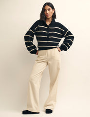 Black Stripe Knitted Half Button Funnel Neck Jumper