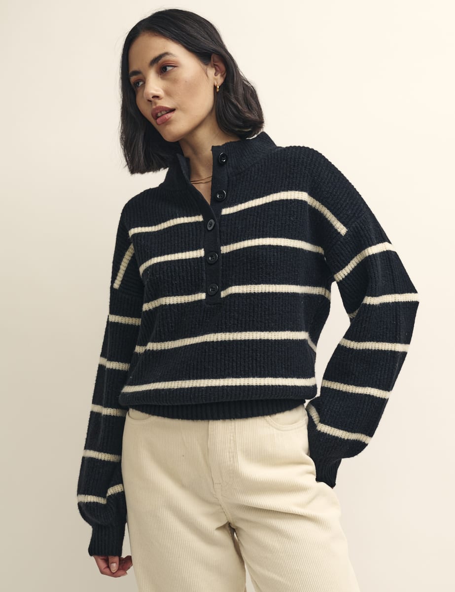 Black Stripe Knitted Half Button Funnel Neck Jumper