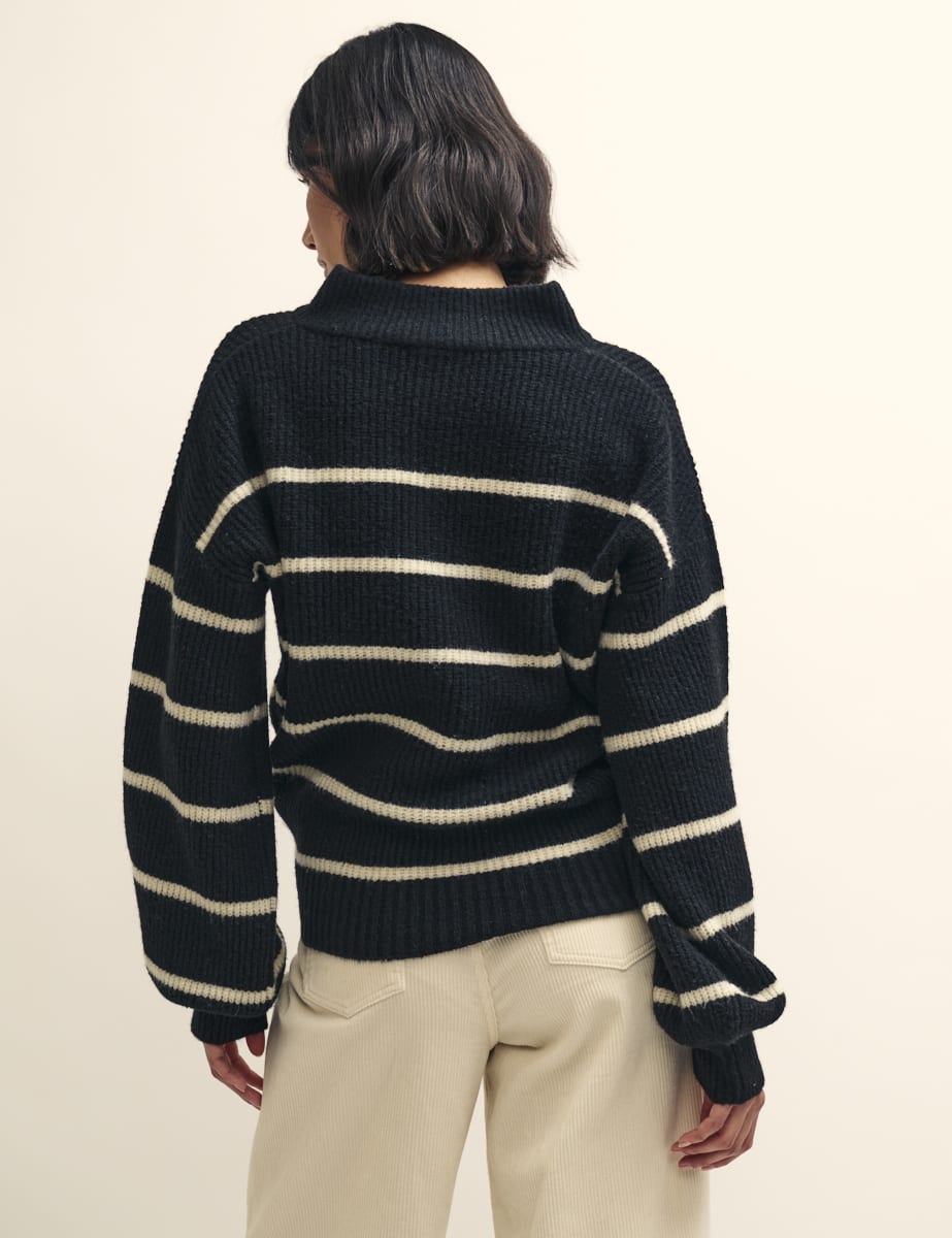 Black Stripe Knitted Half Button Funnel Neck Jumper