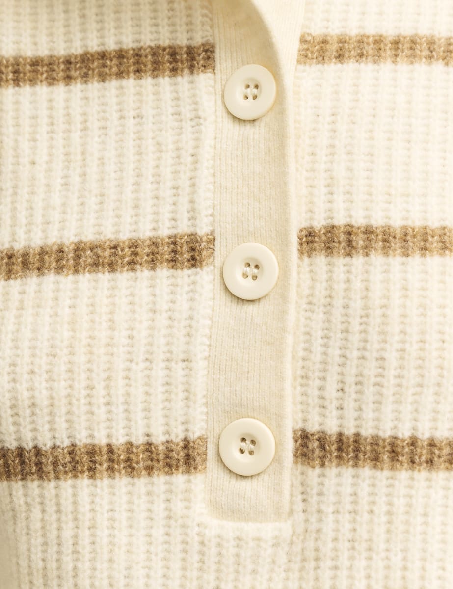Cream Stripe Knitted Half Button Funnel Neck Jumper