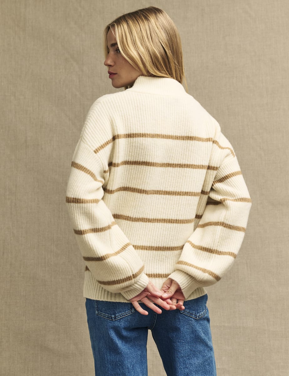 Cream Stripe Knitted Half Button Funnel Neck Jumper
