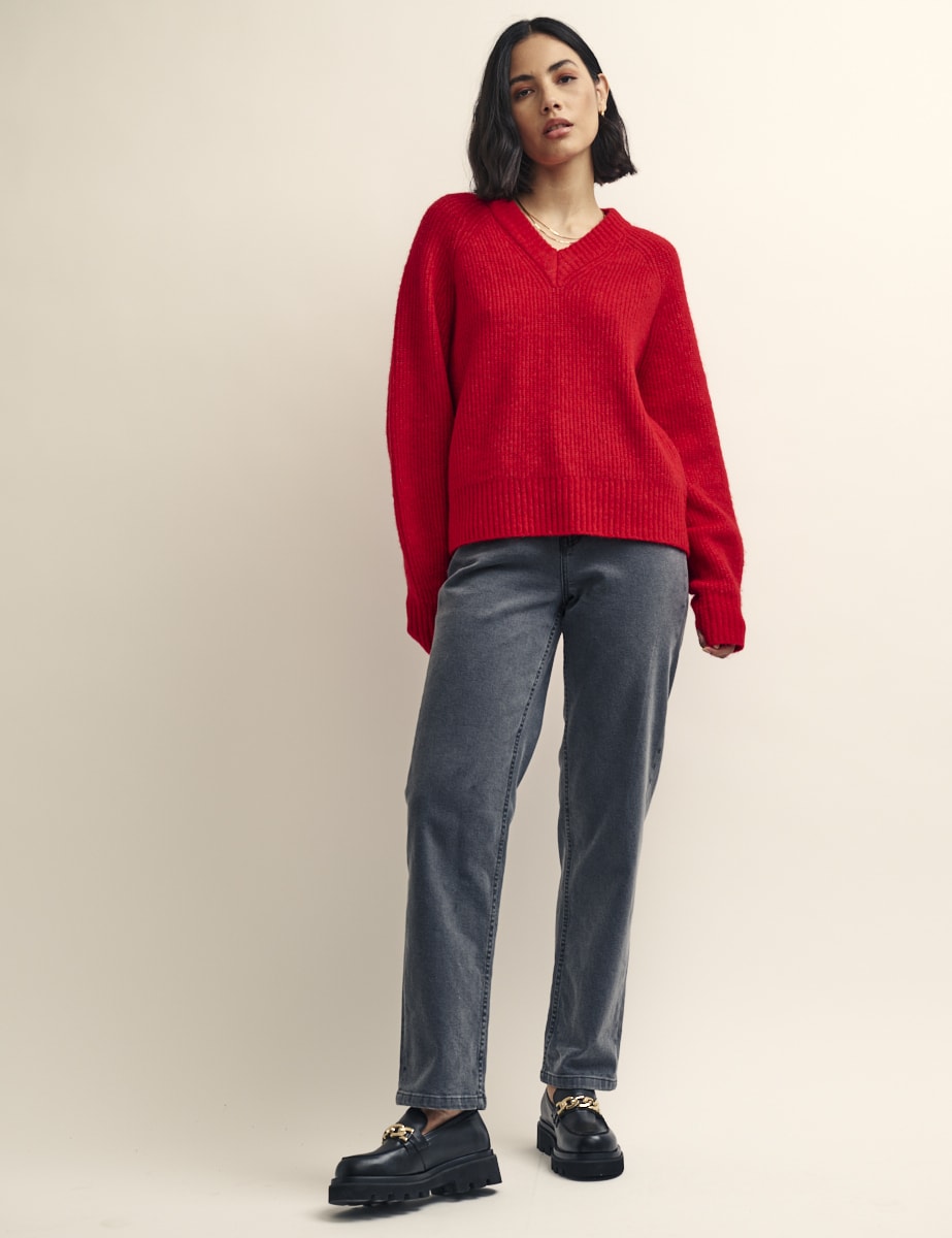Red V-Neck Knitted Jumper