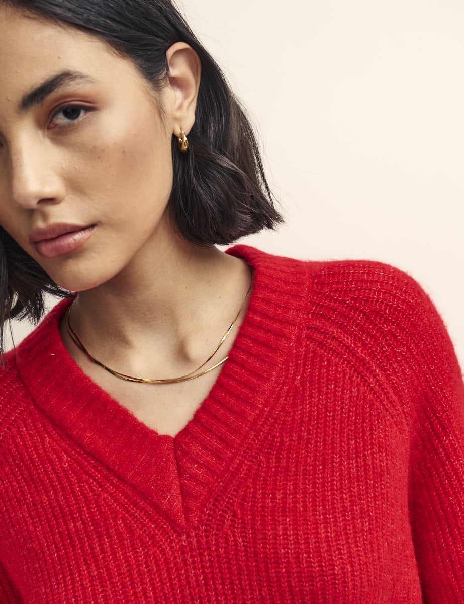 Red V-Neck Knitted Jumper