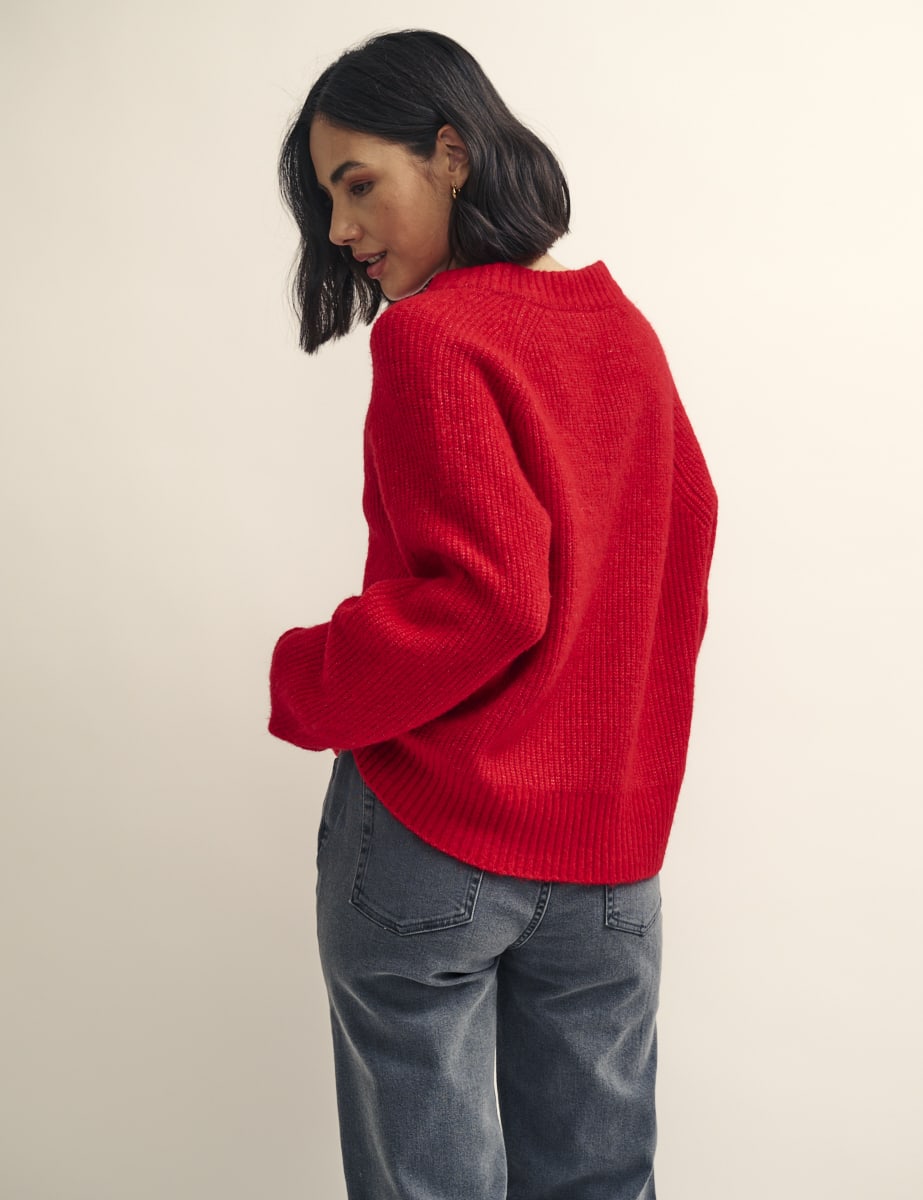 Red V-Neck Knitted Jumper