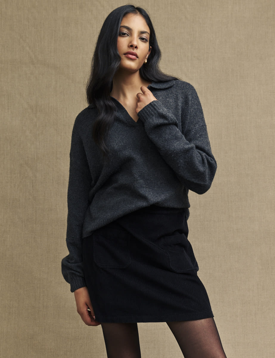 Grey Open Collar Knitted Jumper