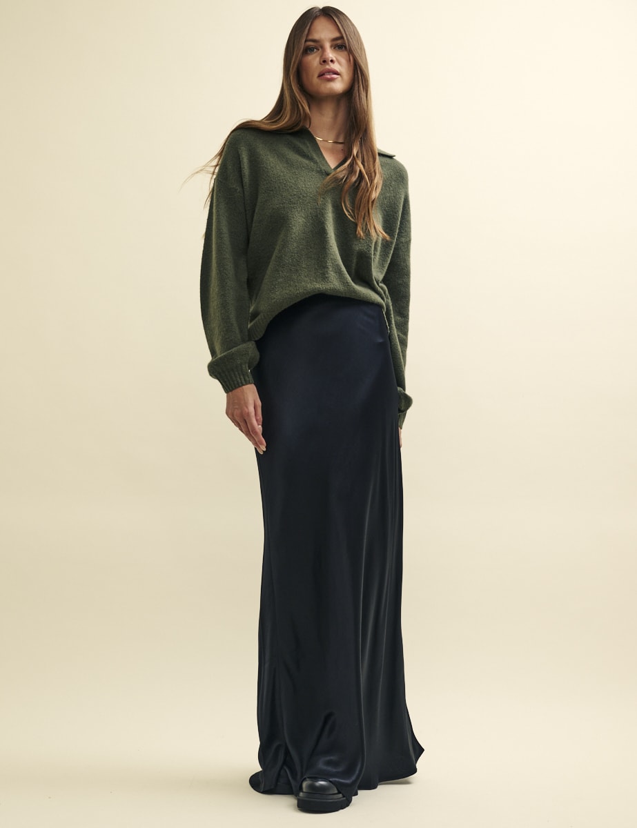 Khaki Green Open Collar Knitted Jumper