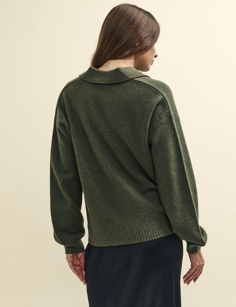 Khaki Green Open Collar Knitted Jumper
