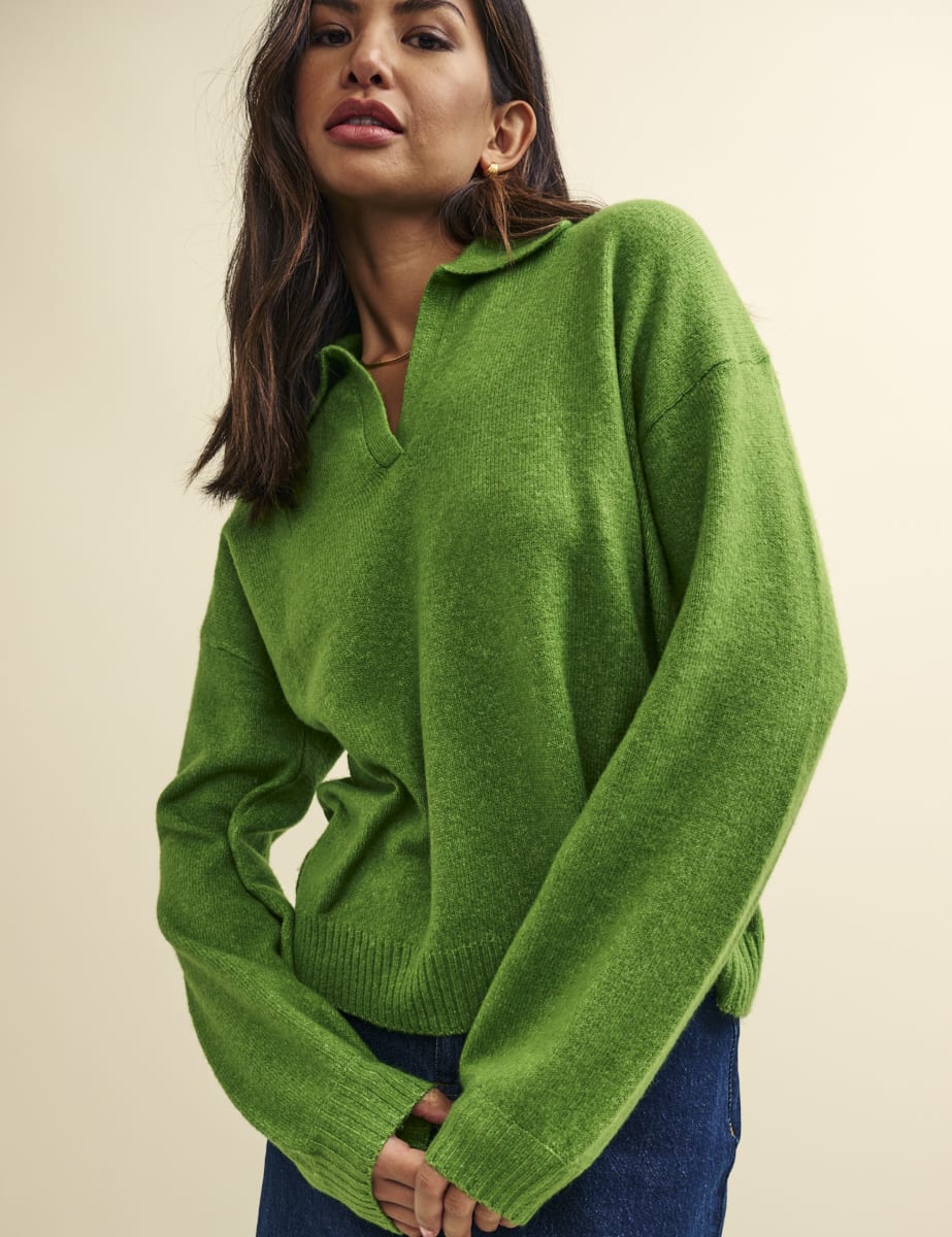 Green Open Collar Knitted Jumper