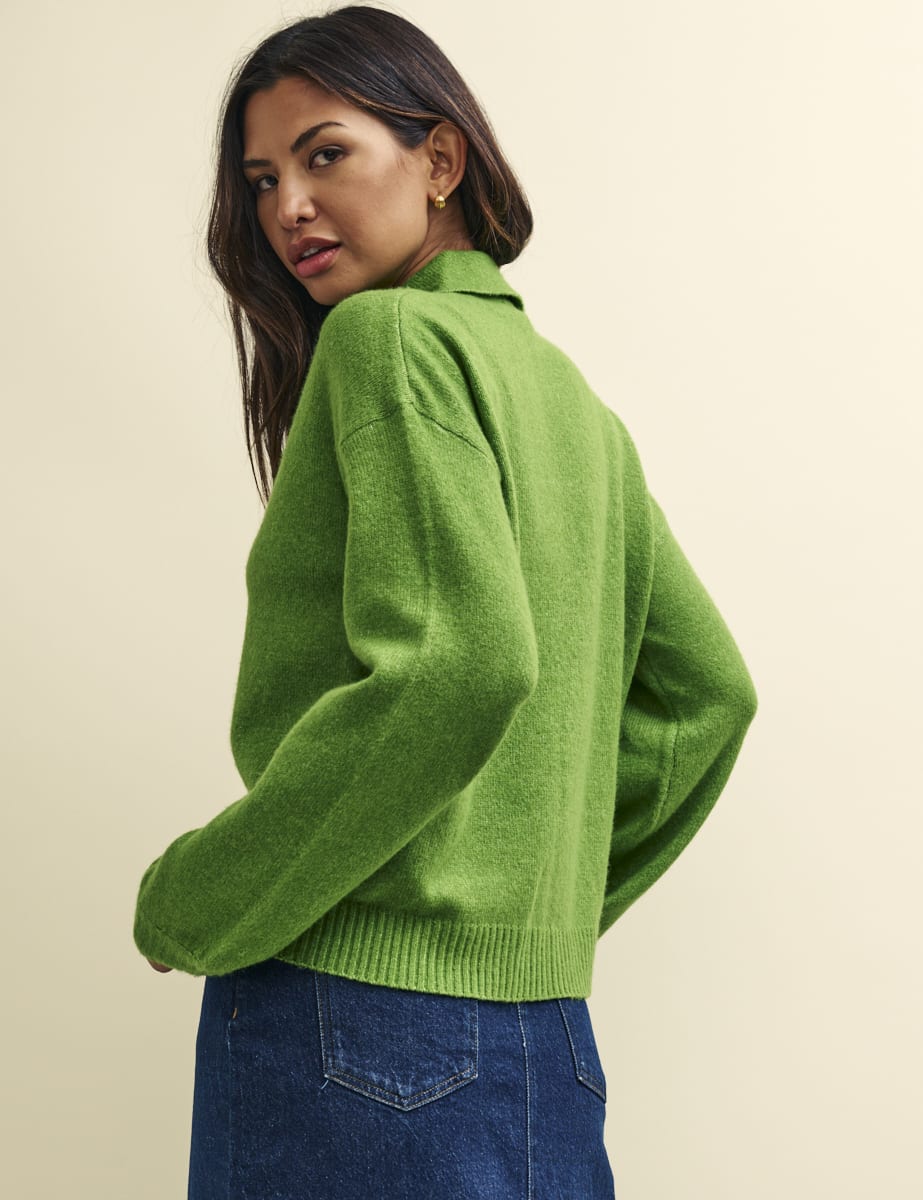 Green Open Collar Knitted Jumper