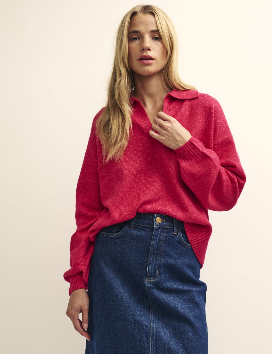 Pink Open Collar Knitted Jumper