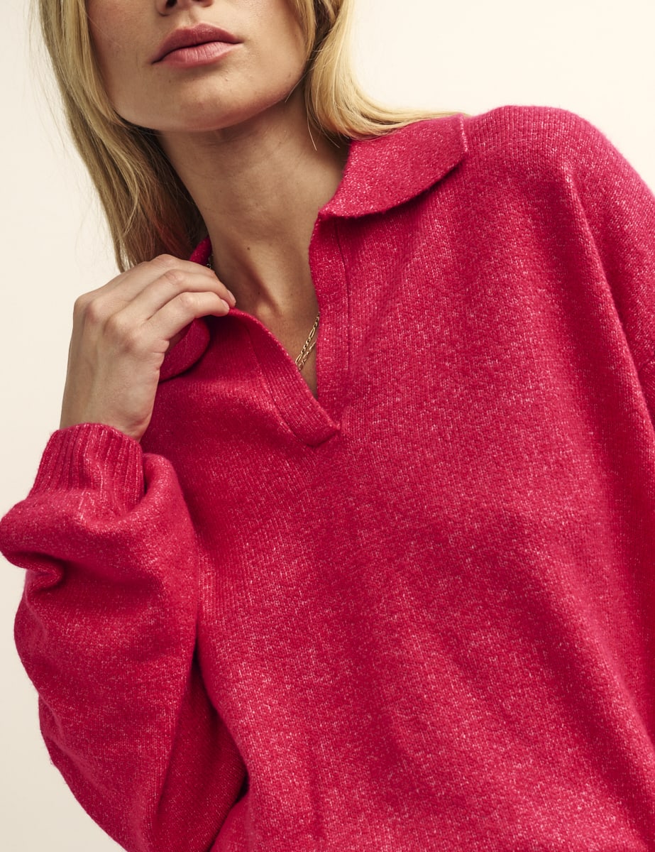 Pink Open Collar Knitted Jumper