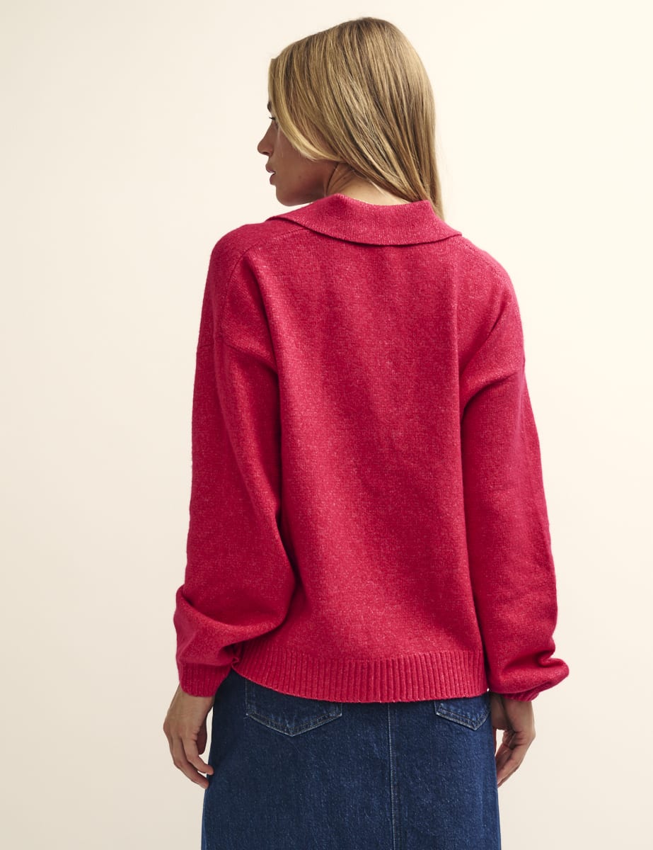 Pink Open Collar Knitted Jumper