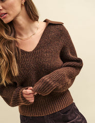Brown Open Collar Chunky Knitted Jumper