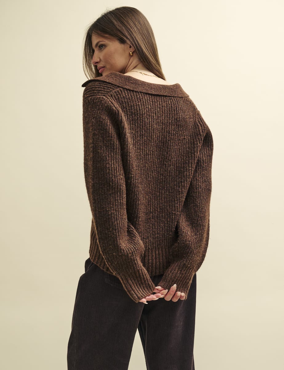 Brown Open Collar Chunky Knitted Jumper
