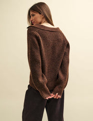 Brown Open Collar Chunky Knitted Jumper