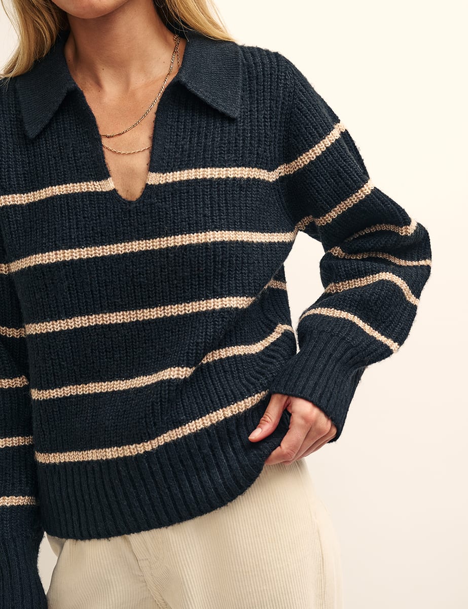 Black and Camel Stripe Open Collar Chunky Knitted Jumper