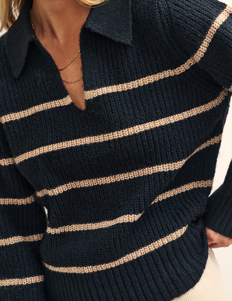 Black and Camel Stripe Open Collar Chunky Knitted Jumper