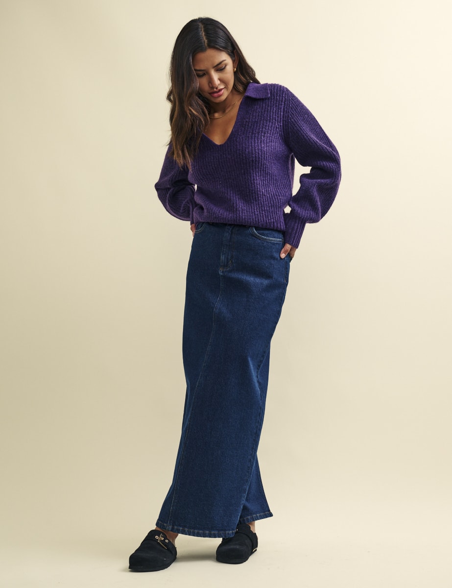 Purple Open Collar Chunky Knitted Jumper
