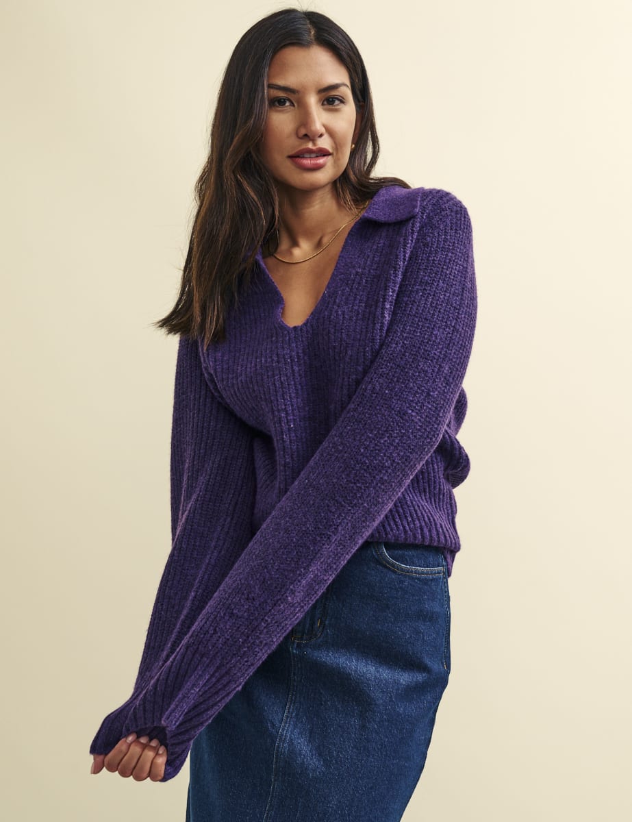 Purple Open Collar Chunky Knitted Jumper