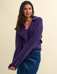 Purple Open Collar Chunky Knitted Jumper