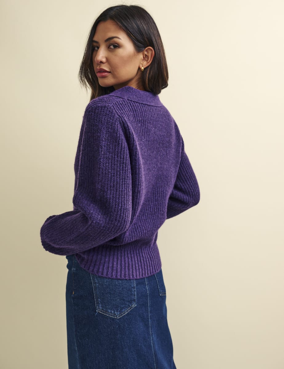 Purple Open Collar Chunky Knitted Jumper