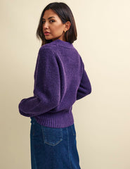 Purple Open Collar Chunky Knitted Jumper