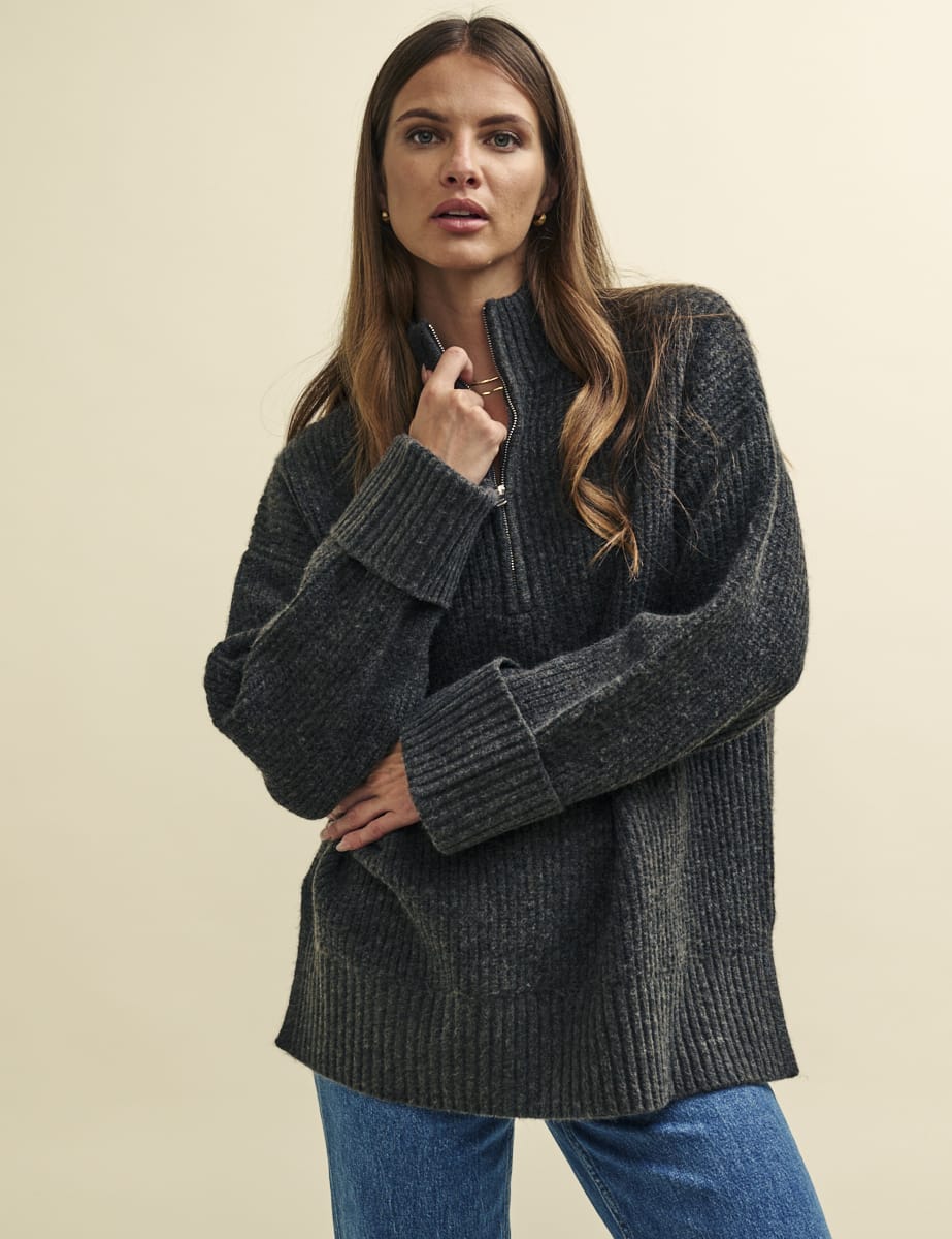 Grey Half Zip Oversized Knitted Jumper