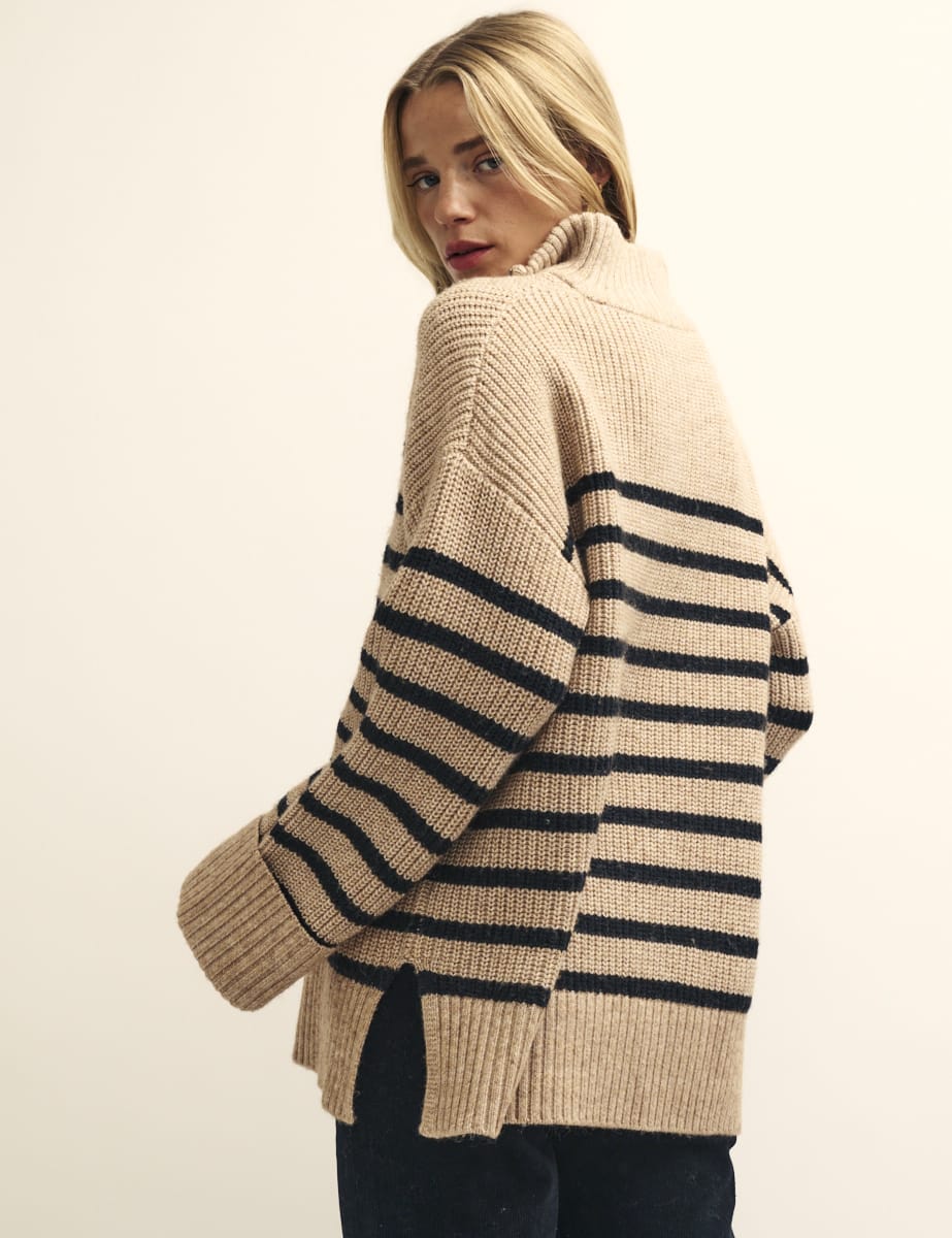 Fearne Cotton Camel Stripe Oversized Half Zip Knitted Jumper