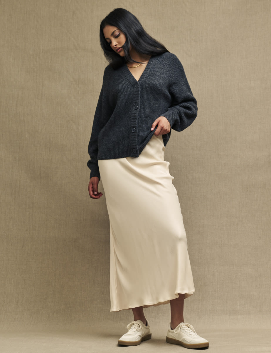 Grey Rib Knit V-Neck Button-Up Cardigan