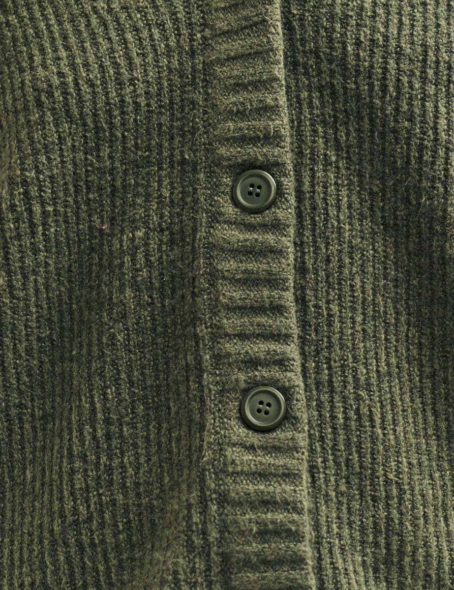 Khaki Green Rib Knit V-Neck Button-Up Cardigan
