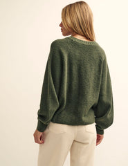 Khaki Green Rib Knit V-Neck Button-Up Cardigan
