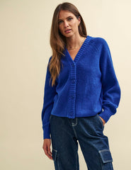 Blue Rib Knit V-Neck Button-Up Cardigan