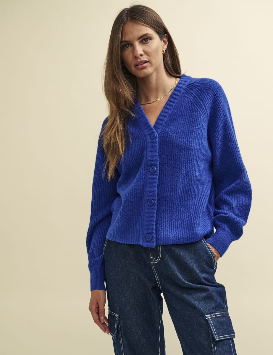 Blue Rib Knit V-Neck Button-Up Cardigan