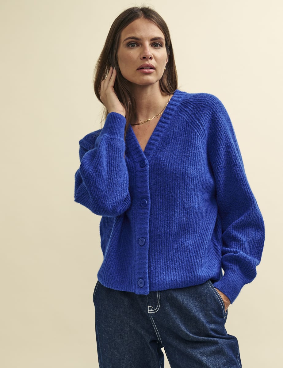 Blue Rib Knit V-Neck Button-Up Cardigan