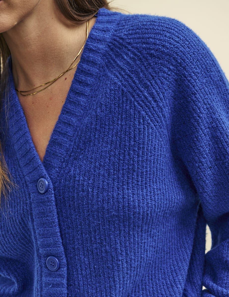Blue Rib Knit V-Neck Button-Up Cardigan