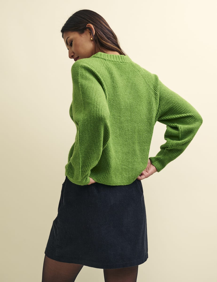 Green Rib Knit V-Neck Button-Up Cardigan