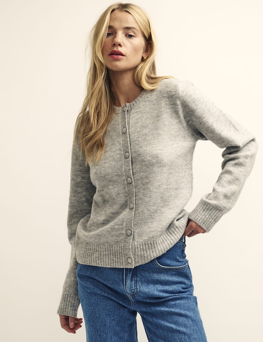 Grey Crew Neck Knitted Cardigan