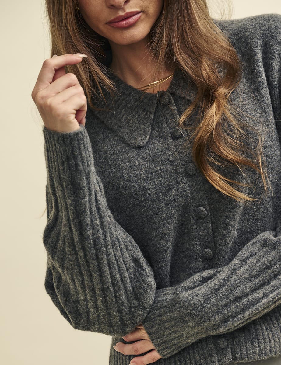 Grey Collared Knitted Cardigan