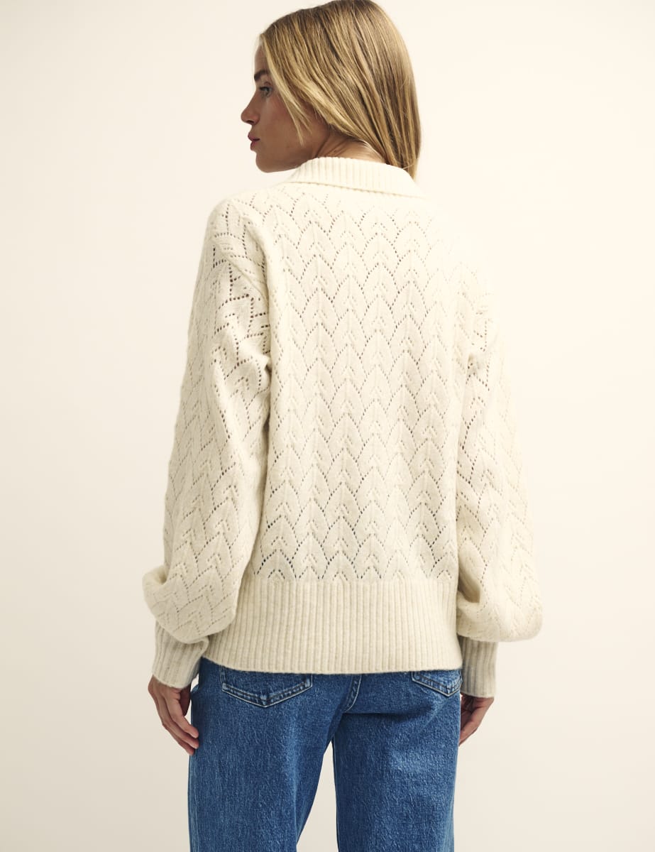 Cream Pointelle Collared Cardigan