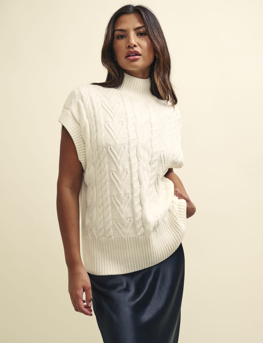 Cream Cable Knit Funnel Neck Oversized Sleeveless Jumper