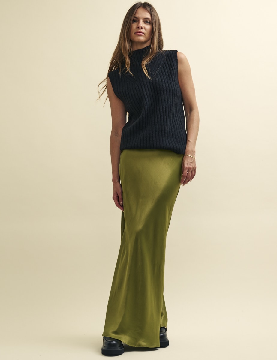 Black Funnel Neck Rib Oversized Knitted Vest