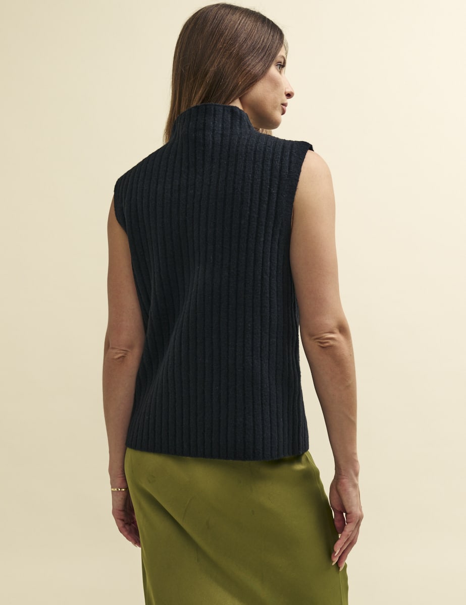 Black Funnel Neck Rib Oversized Knitted Vest
