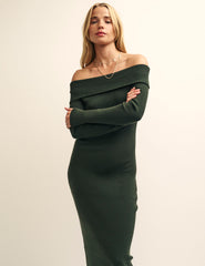 Green Bardot Knitted Midi Dress