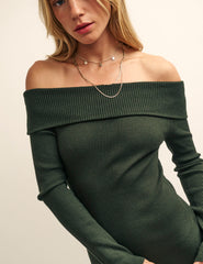 Green Bardot Knitted Midi Dress