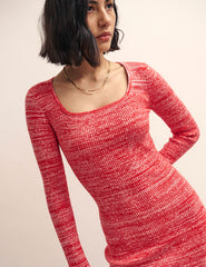 Pink and White Square Neck Knitted Midi Dress