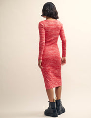 Pink and White Square Neck Knitted Midi Dress